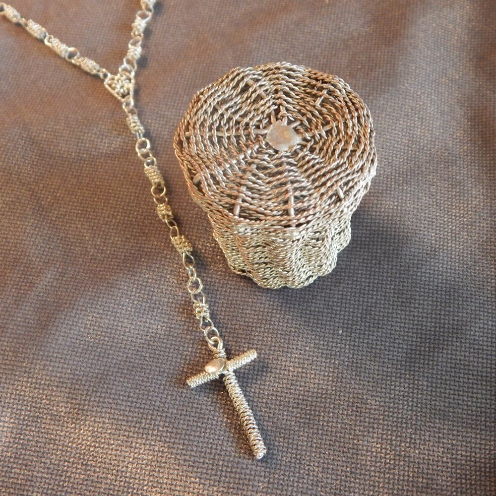 Vintage Handmade Silver Rosary With Rosary Basket